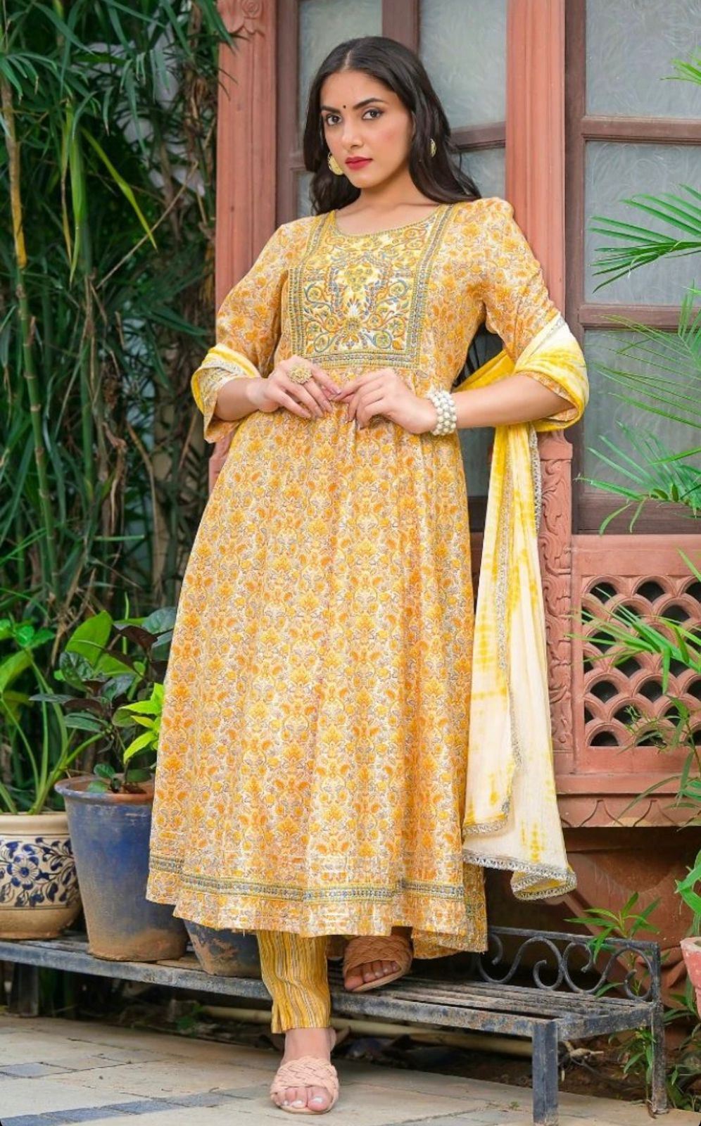 Yellow Printed Cotton Anarkali Suit With Dupatta Full 3 Piece Set Printed cotton Pakistani suit hand block print pant and dupatta set