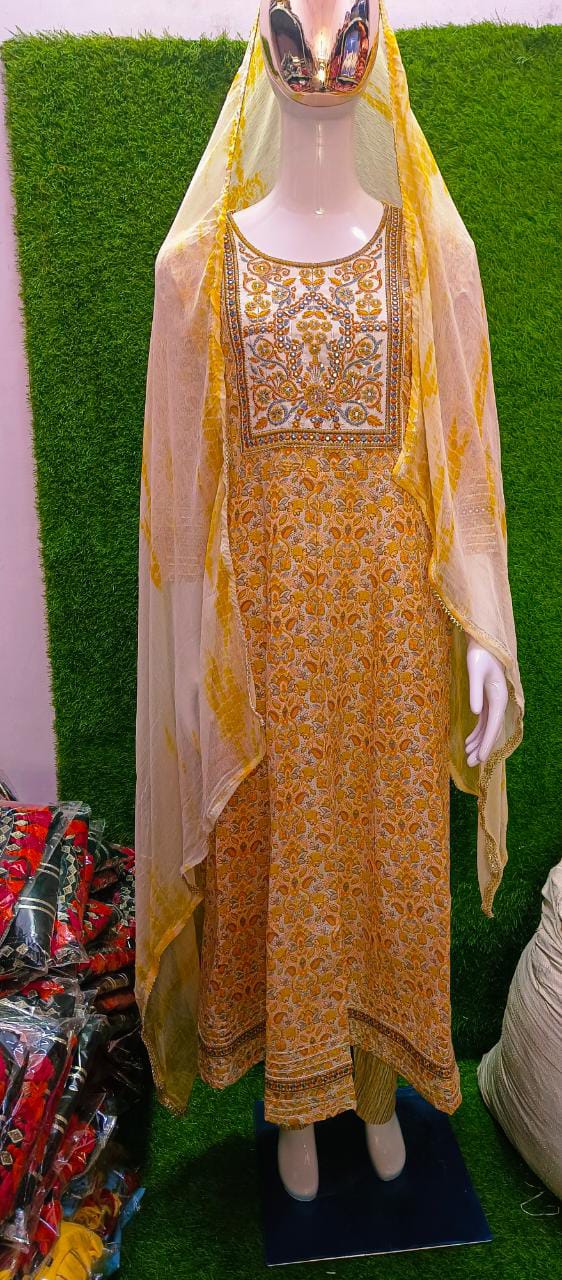 Yellow Printed Cotton Anarkali Suit With Dupatta Full 3 Piece Set Printed cotton Pakistani suit hand block print pant and dupatta set