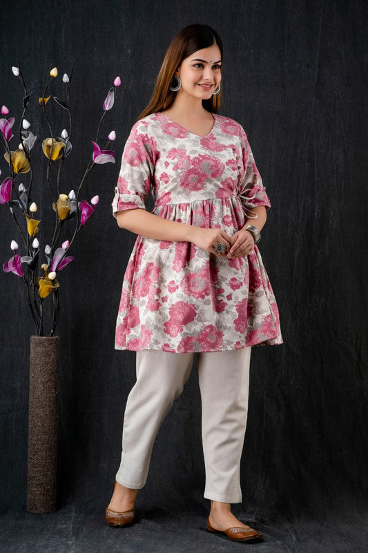 Women Printed Anghrkha Top With Pant, Indo Western Ethnic Set for women, designer Peplum Cotton Party Wear Suit for her