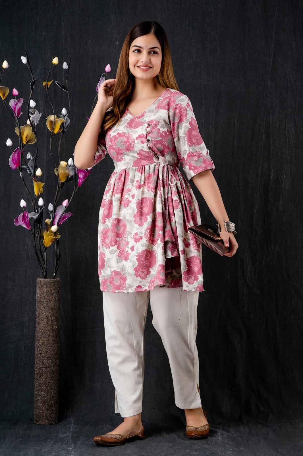 Women Printed Anghrkha Top With Pant, Indo Western Ethnic Set for women, designer Peplum Cotton Party Wear Suit for her