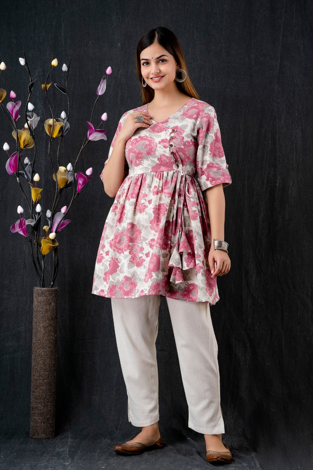 Women Printed Anghrkha Top With Pant, Indo Western Ethnic Set for women, designer Peplum Cotton Party Wear Suit for her