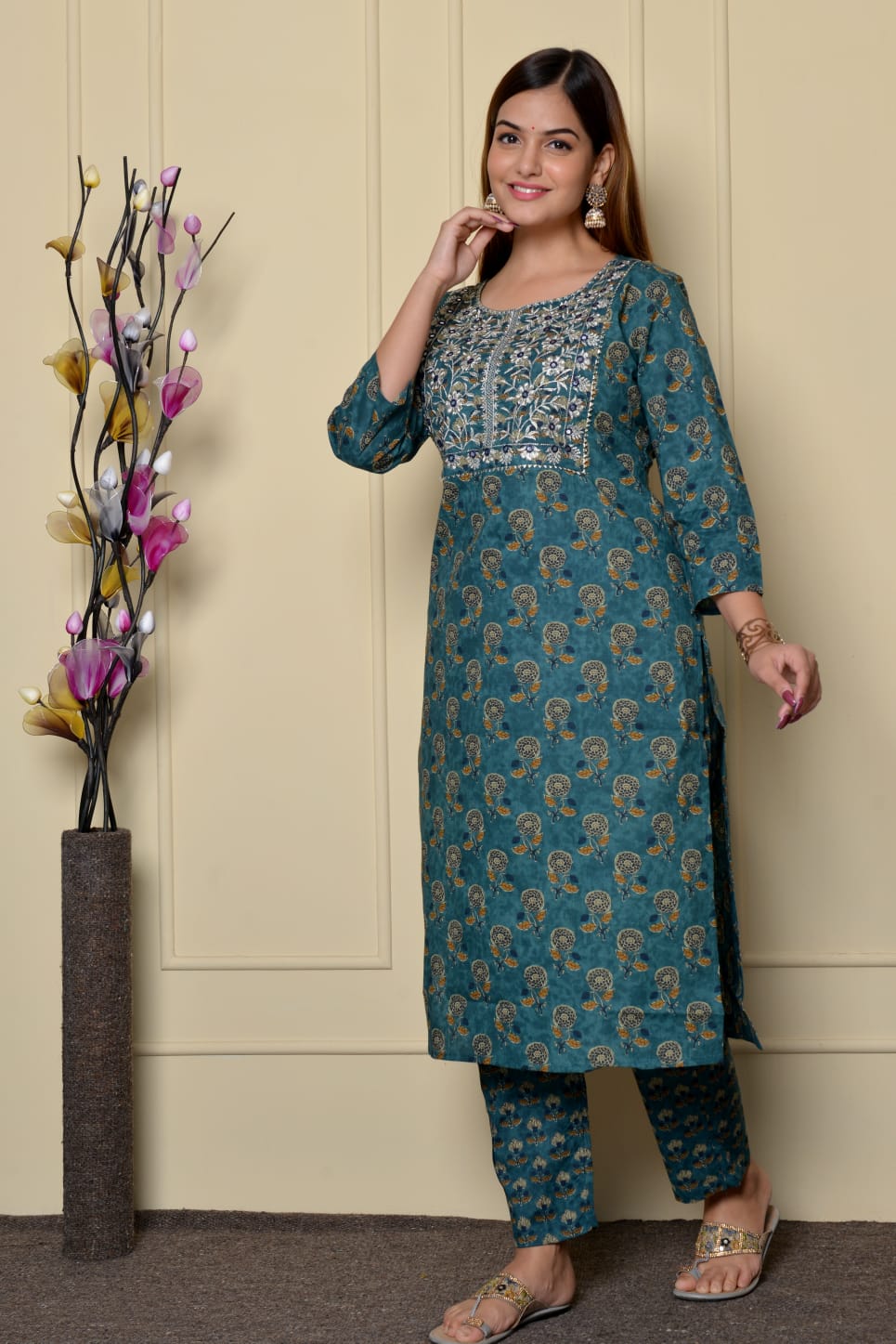 Printed Indian Handmade Heavy Cotton Women Straight Kurti Pant, 2 Pieces Fully Readymade Stitched Dress Set.