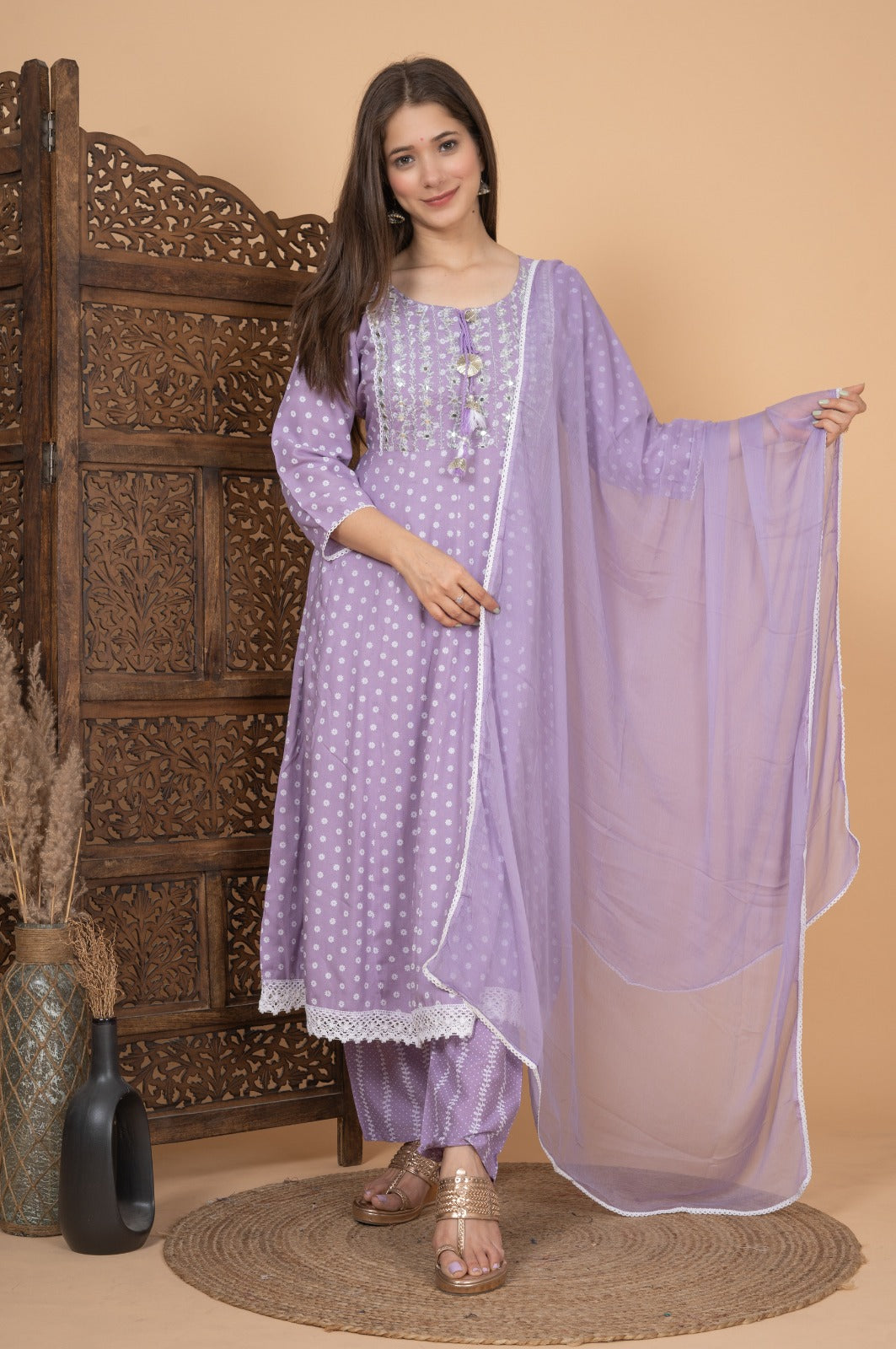 Designer Long Flared Bandhani Print Anarkali Kurta with Pant & Dupatta, Ramadan Collection, 3 piece Readymade Partywear Flared Kurta Set for women