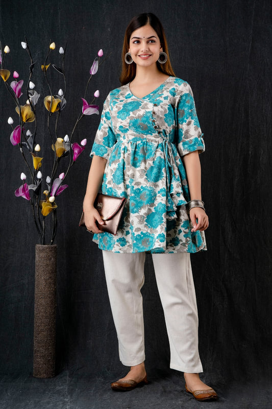 Women Printed Anghrkha Top With Pant, Indo Western Ethnic Set for women, designer Peplum Cotton Party Wear Suit for her