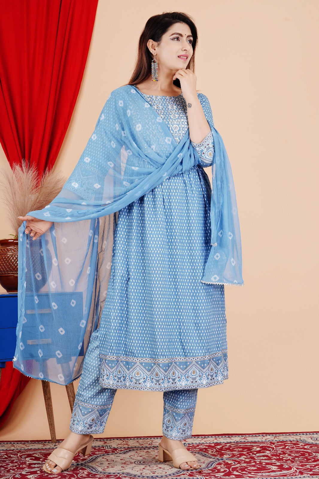 Beautiful 3 piece Blue Nyra Cut Salwar Kameez with Duppatta, Indian Designer Festive/ Partywear Straight Kurta with Pant set Readymade