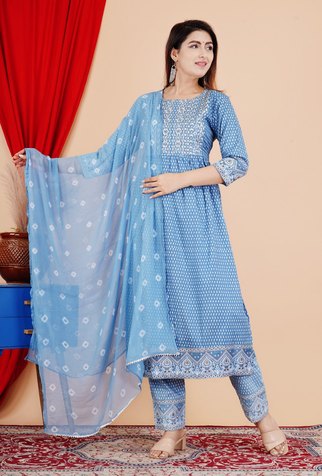 Beautiful 3 piece Blue Nyra Cut Salwar Kameez with Duppatta, Indian Designer Festive/ Partywear Straight Kurta with Pant set Readymade