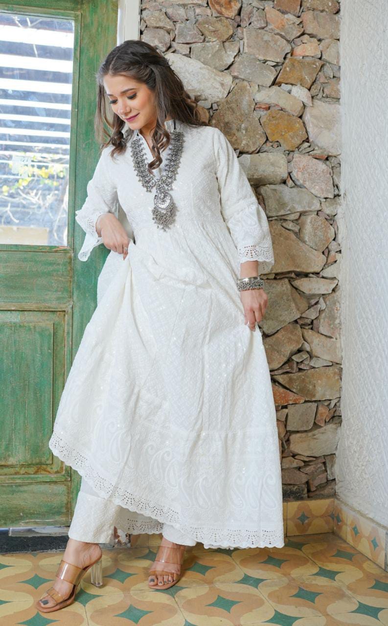 white luckhnawi chikankari cotton Kurti Pant Dress , 2 Pieces Fully Readymade Stitched Dress Set.