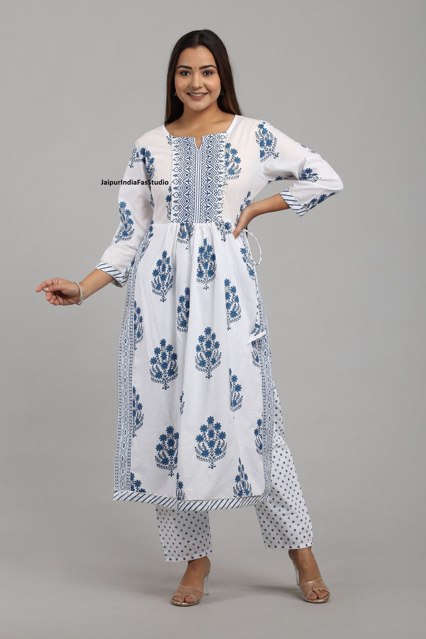 Hand Block print Long slit Cotton kurta pant set, Indian Beautiful Casual Wear White Printed Salwar Suit for women Readymade