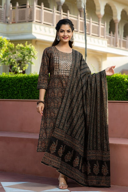Indian Women Designer Rayon Embroidery Work Black Kurti & Pant With Dupatta  Set 