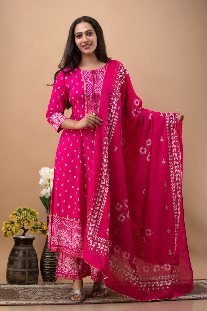 Indian Designer Style Printed Anarkali Kurti with Pant and Duppatta, Beautiful 3 Piece rayon Suit Set Dresses Readymade