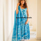Indian Blue Cotton Block Print Long Flared Kurta with Pant & Dupatta Readymade, Beautful 3 piece Summer Wear Sleeveless Kurti set for women