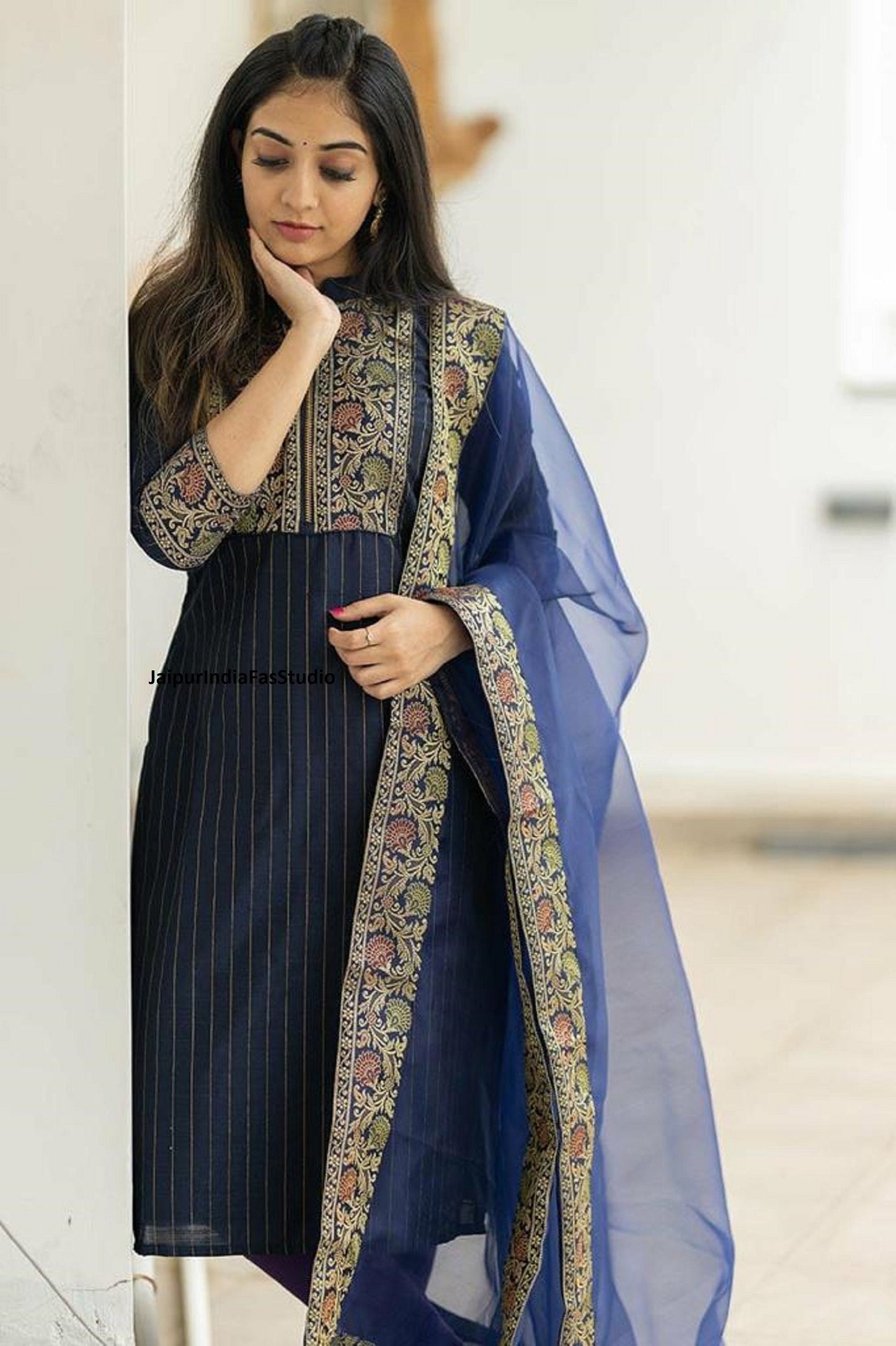 Beautiful Cotton Lurex Kurta Palazzo & Dupatta Set Blue Printed Salwar Kameez Readymade Set 3 Piece Stitched Attractive Partywear Dress New