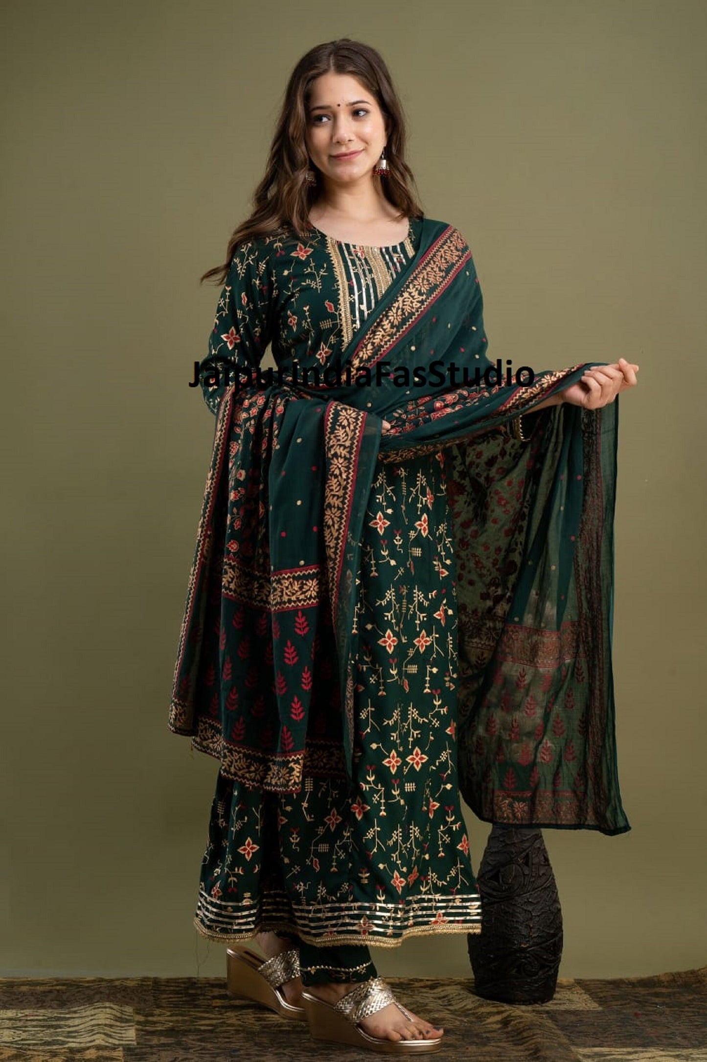 Premium Pakistani Printed Green Anarkali Kurta with Pant & Dupatta, Beautiful Green Long Flared Kurti set Salwar Kameez Readymade Partywear