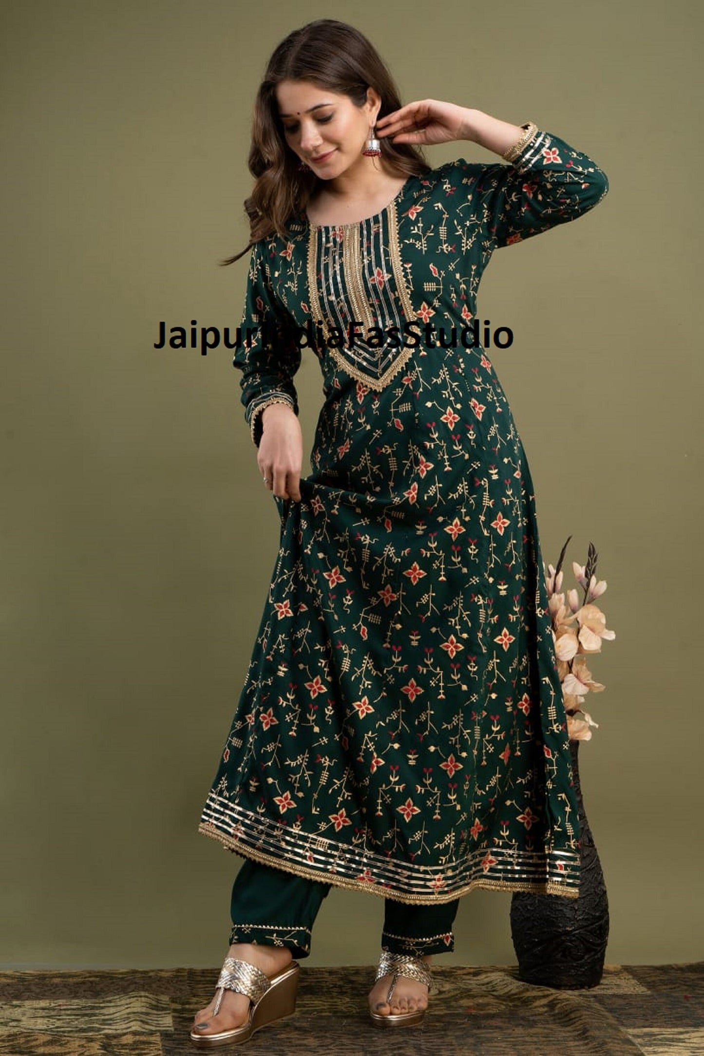 Premium Pakistani Printed Green Anarkali Kurta with Pant & Dupatta, Beautiful Green Long Flared Kurti set Salwar Kameez Readymade Partywear