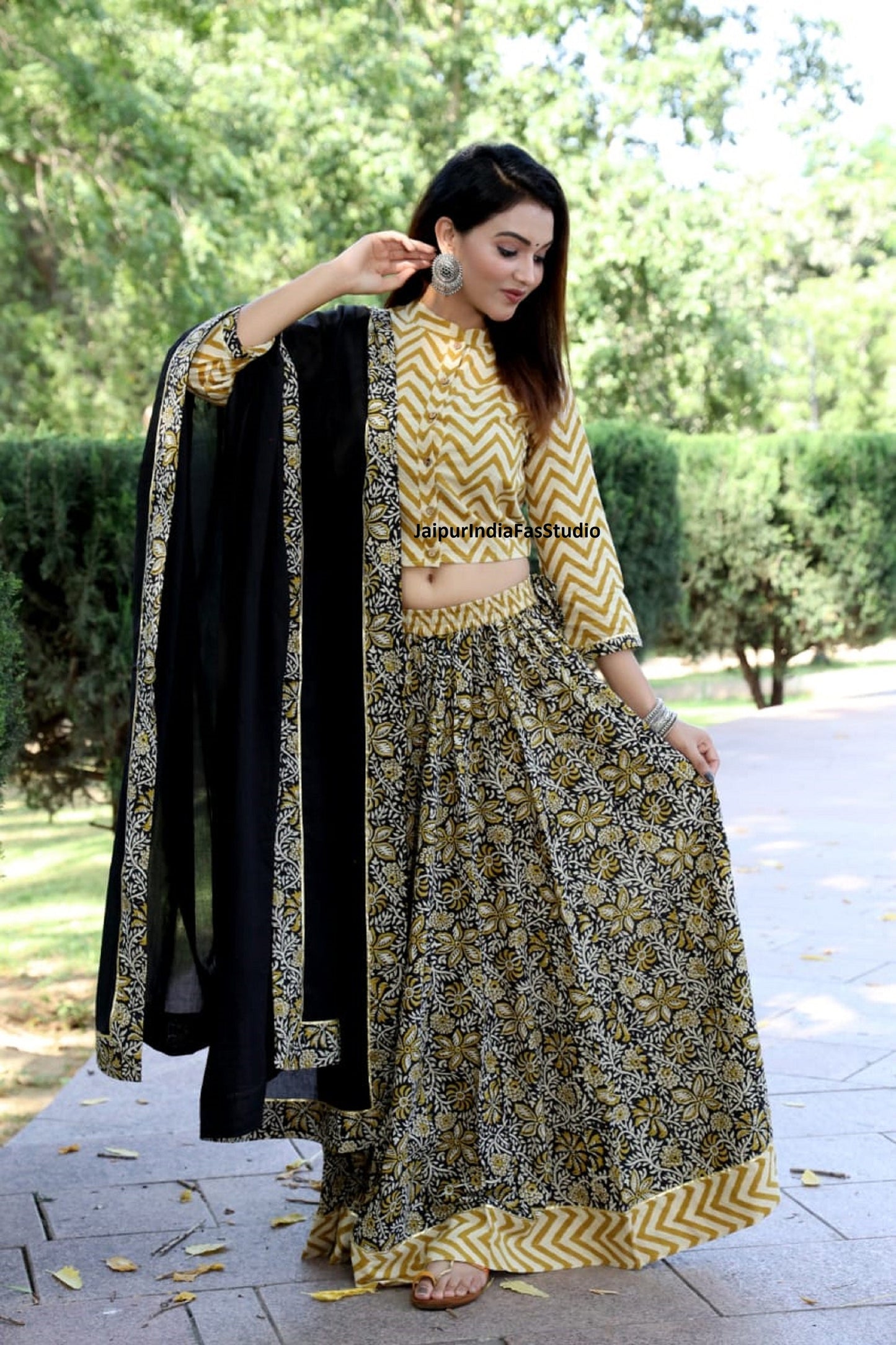 Rajasthnai Bagru Original Handblock Print Pure Cotton Designer Crop Top Stitched Lehenga With Mulmul Dupatta