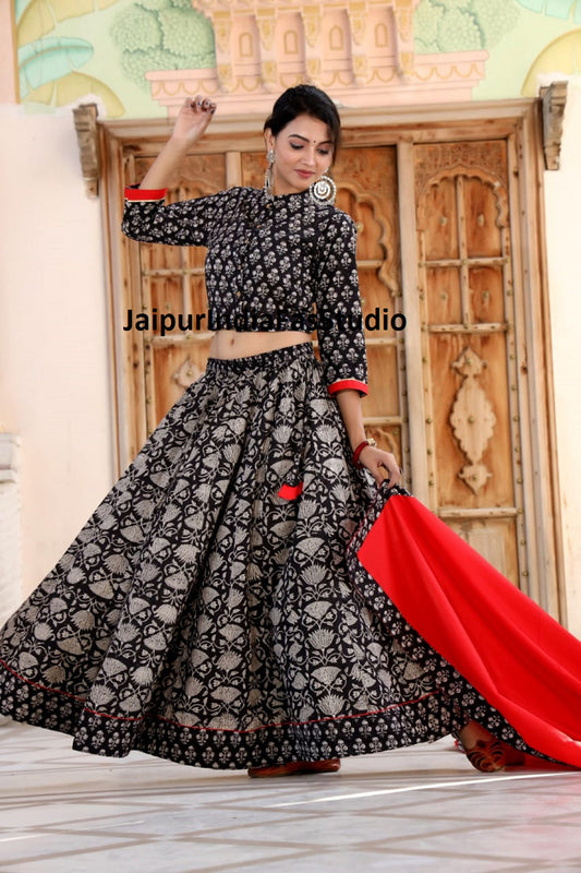 Hand block printed Cotton lehenga set fully stitched for ghagra choli for Dandiya, dance, mother's day gift idea. Black and Red lehenga set