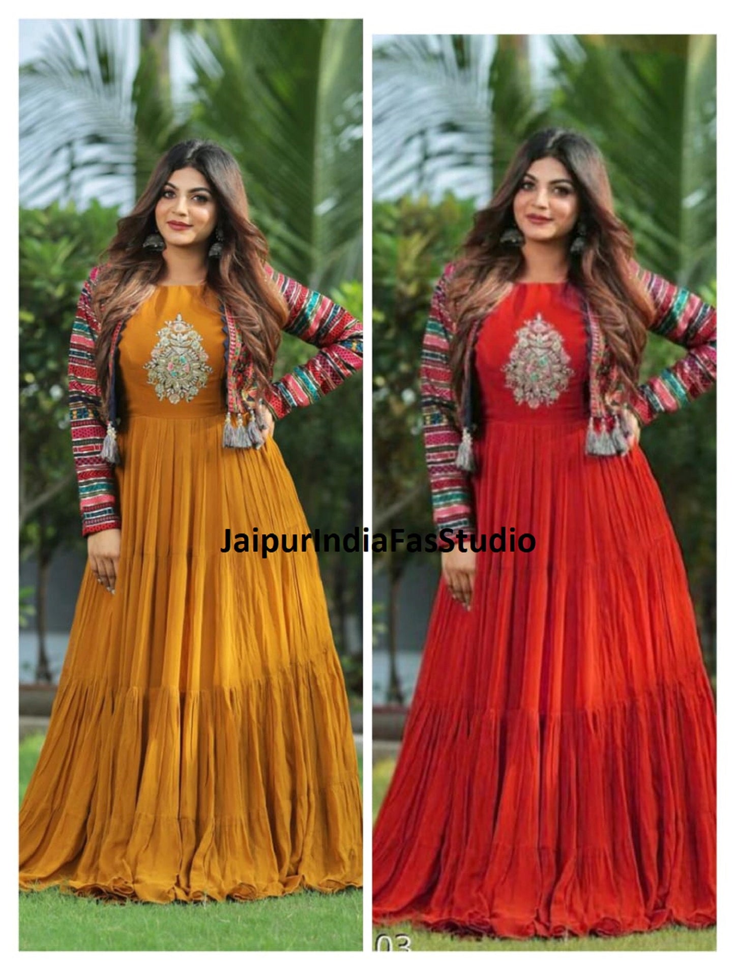 karwa chauth  Indian embroidered printed jacket and kurta gown designer pakistani salwaar kameez, long flared dress with shrug for girls