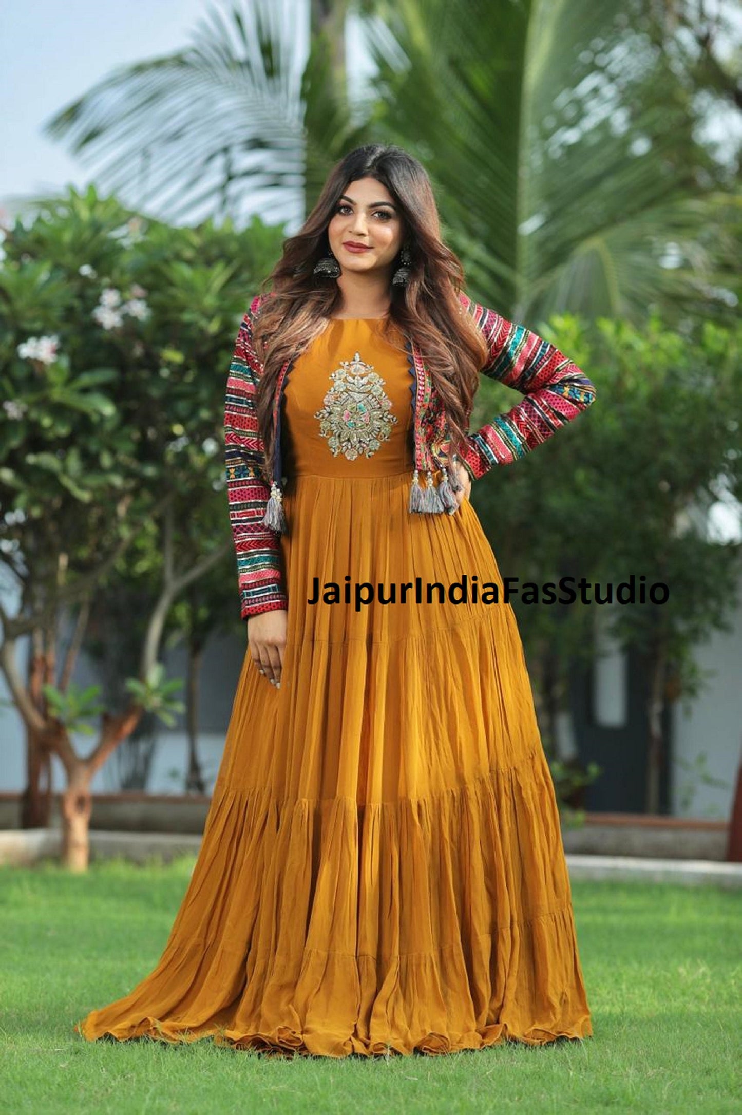 karwa chauth  Indian embroidered printed jacket and kurta gown designer pakistani salwaar kameez, long flared dress with shrug for girls