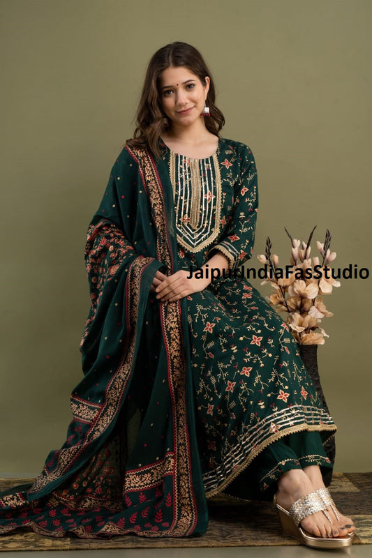 Premium Pakistani Printed Green Anarkali Kurta with Pant & Dupatta, Beautiful Green Long Flared Kurti set Salwar Kameez Readymade Partywear