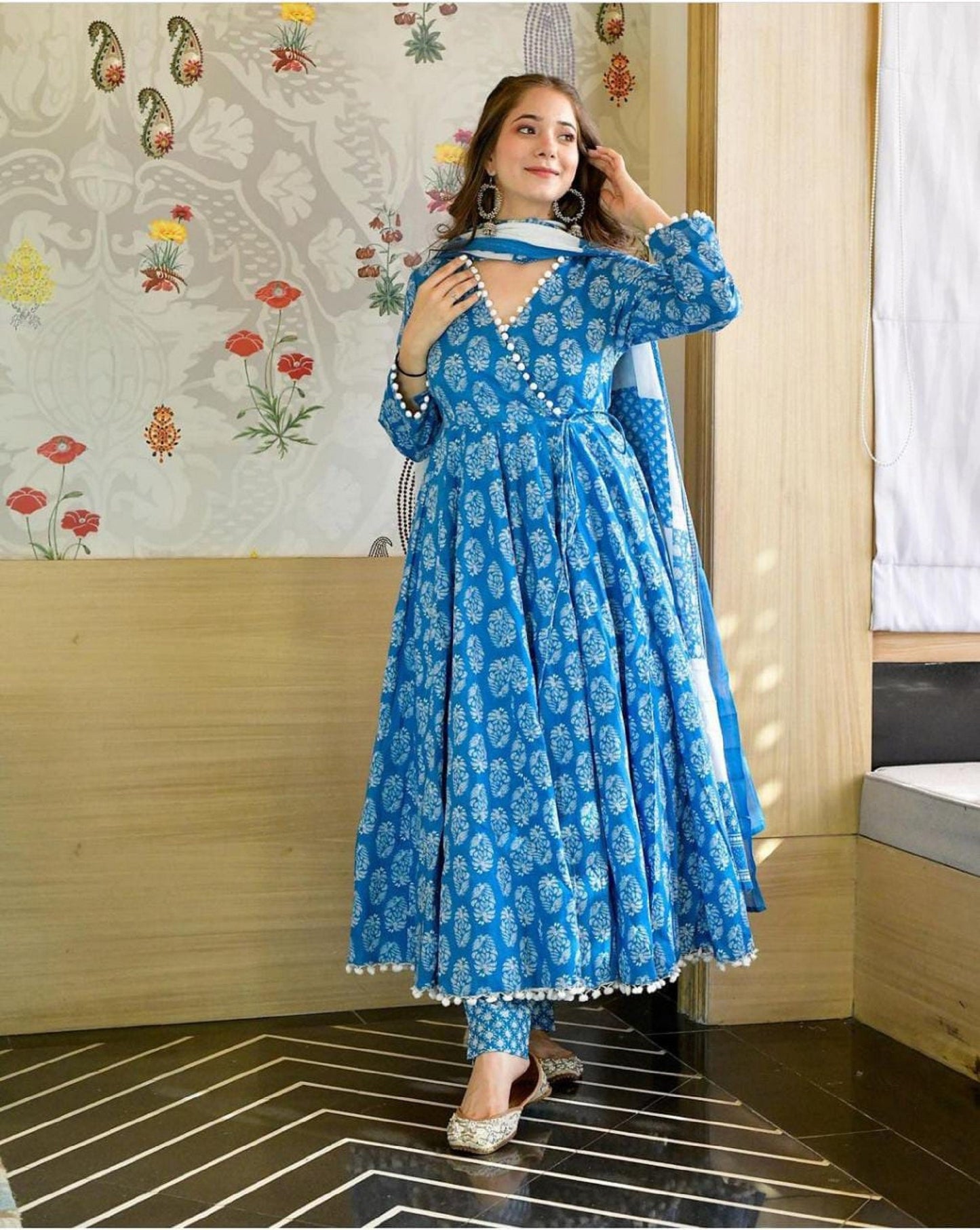 Beautiful Blue Anarkali Full Flared Palazzo Kurta Set Indian Ethnic Palazzo Kurta & Dupatta Set 3 Piece Stitched Suit Partywear Gown Dresses