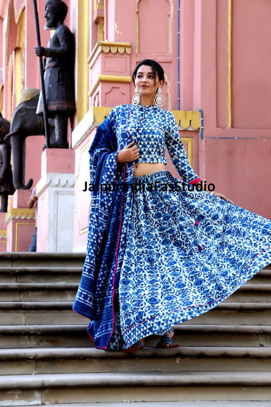 Hand block printed Cotton readymade lehenga set for navratri Dandiya, dance Matching mens kurta, kids lehenga set Family combo preorder only