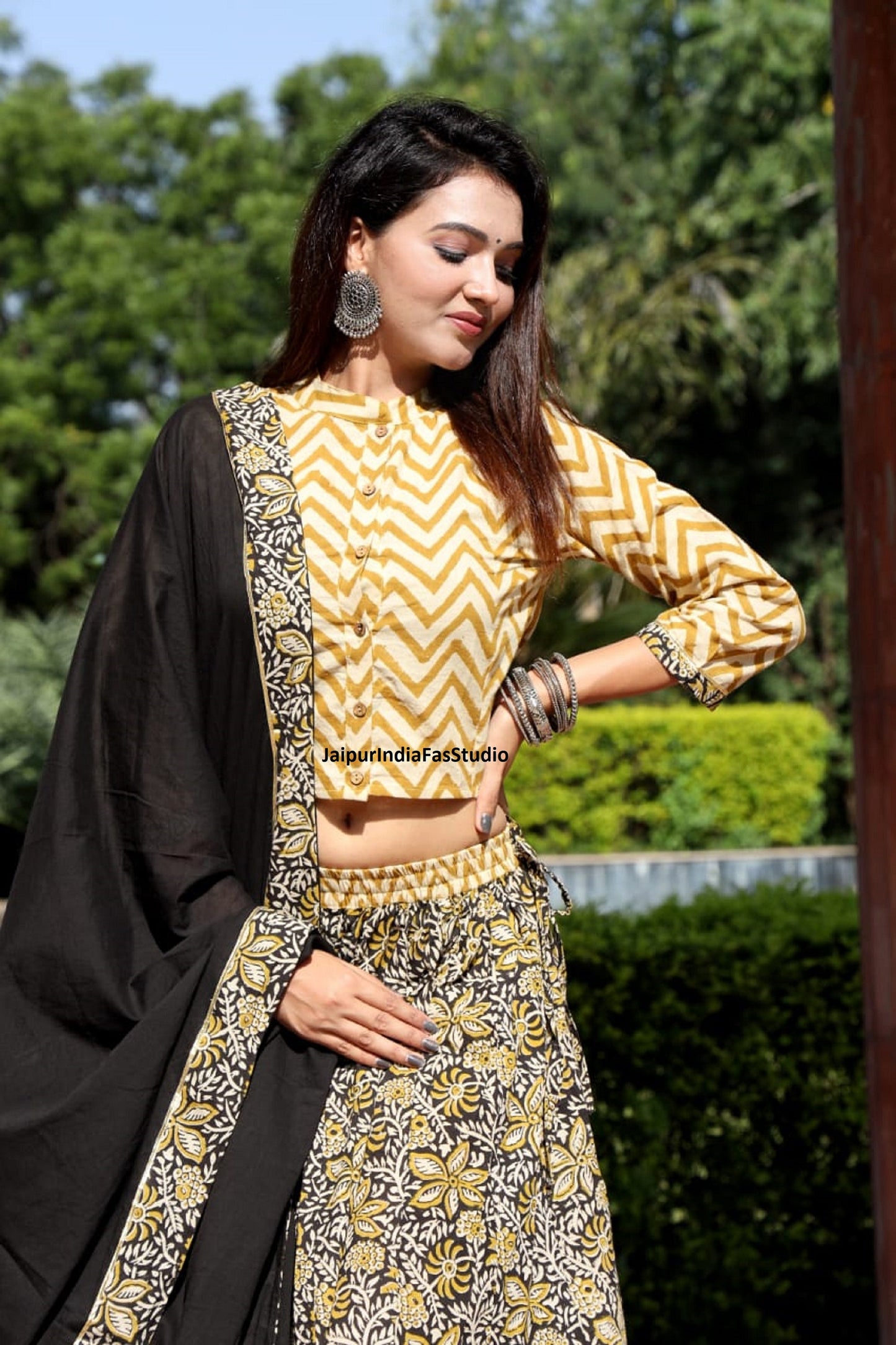 Rajasthnai Bagru Original Handblock Print Pure Cotton Designer Crop Top Stitched Lehenga With Mulmul Dupatta