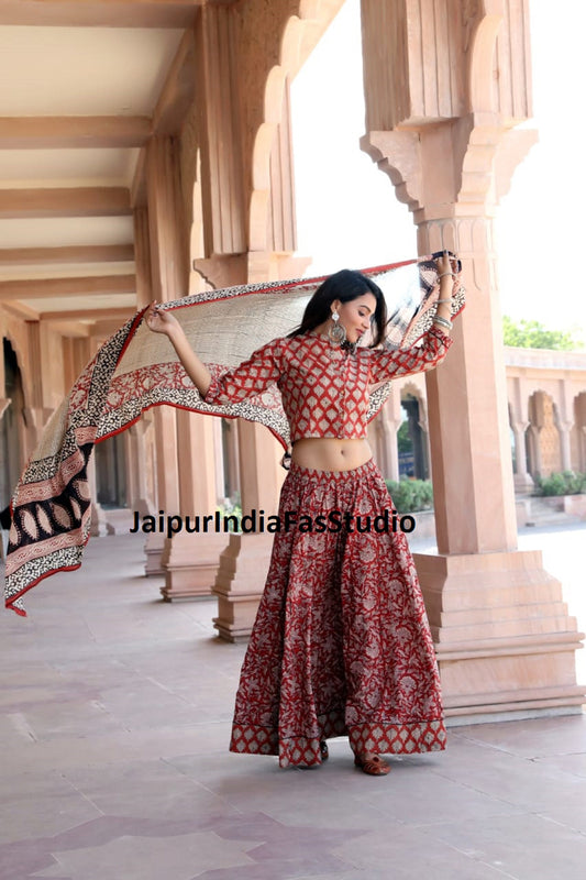 Rajasthani Bagru Original Handblock Print Pure Cotton Designer Crop Top Stitched Lehenga With Mulmul Dupatta