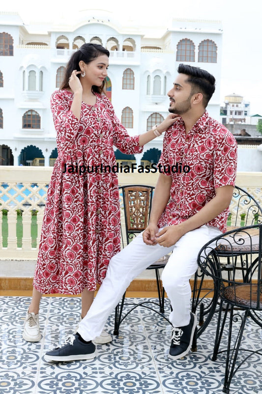 karwa chauth Super Soft Family Matching Rayon handblock print  Floral Hawaiian Aloha Shirt&Dress - Group Wedding Uniform Bulk Order