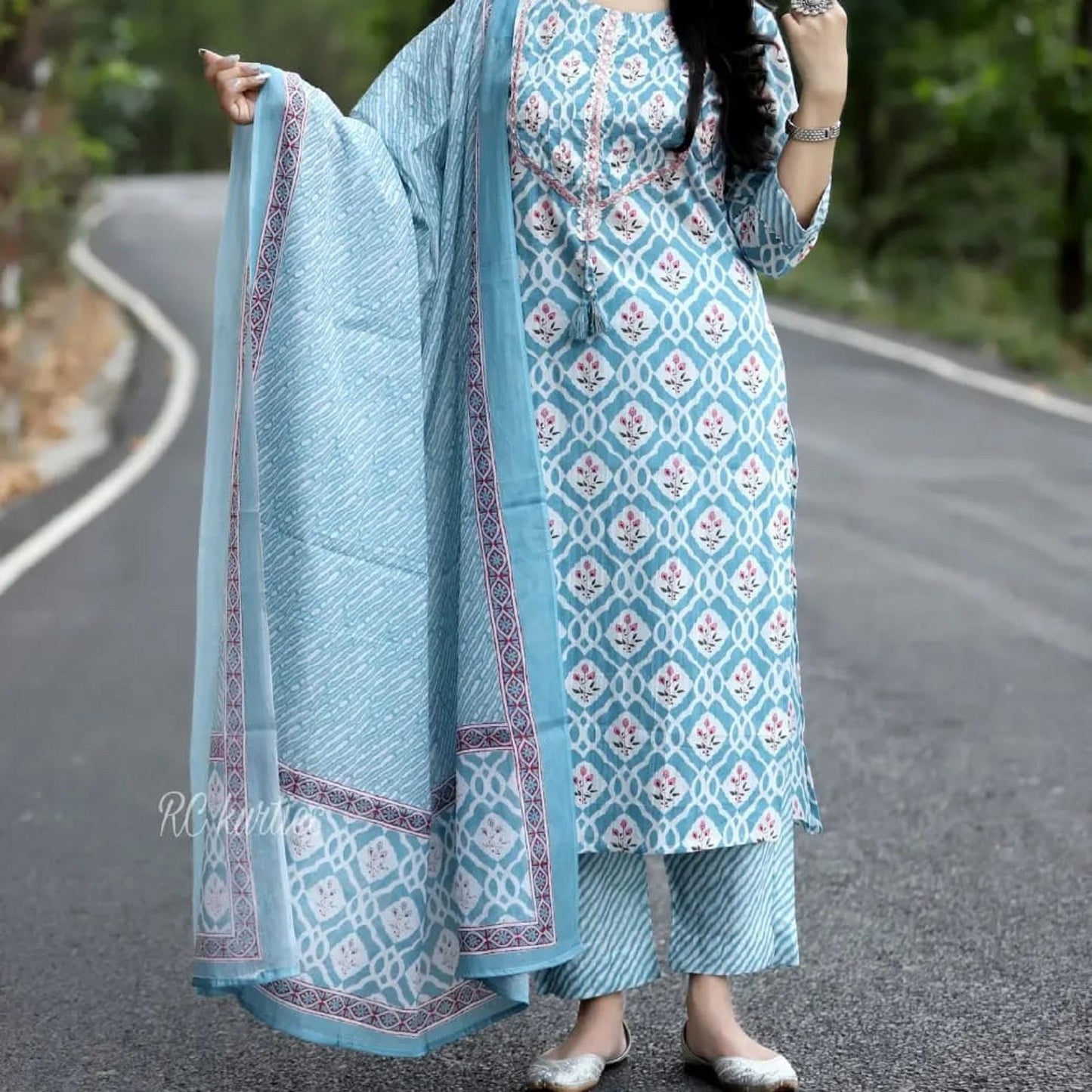 Velvet Kurti Pant With Dupatta Set Indian Handmade Blue Wedding Party Wear  Dress
