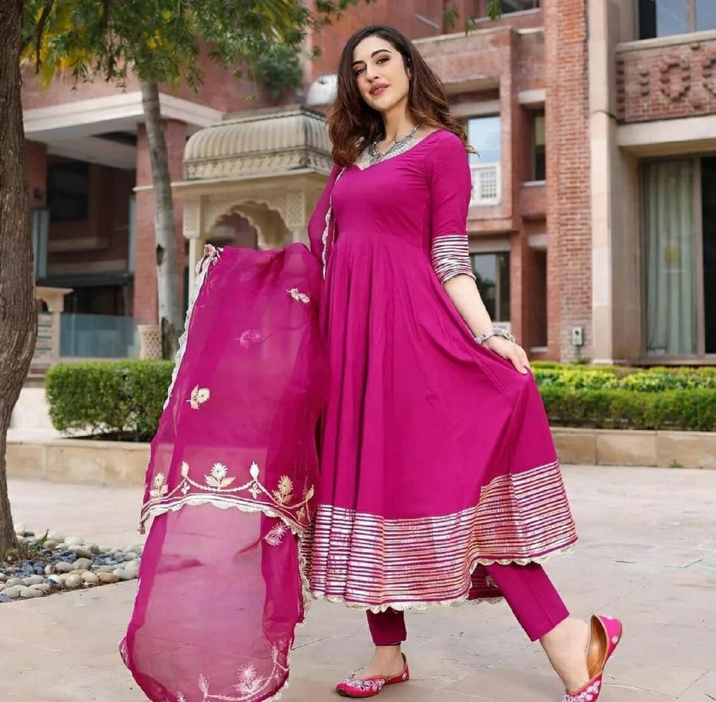 Classy Attractive Anarakli Style Pink Salwar Kameez, Indian Ethnic Rayon Designer Back Palazzo Kurta Kurti Designer Dupatta ,Flared 3 Piece