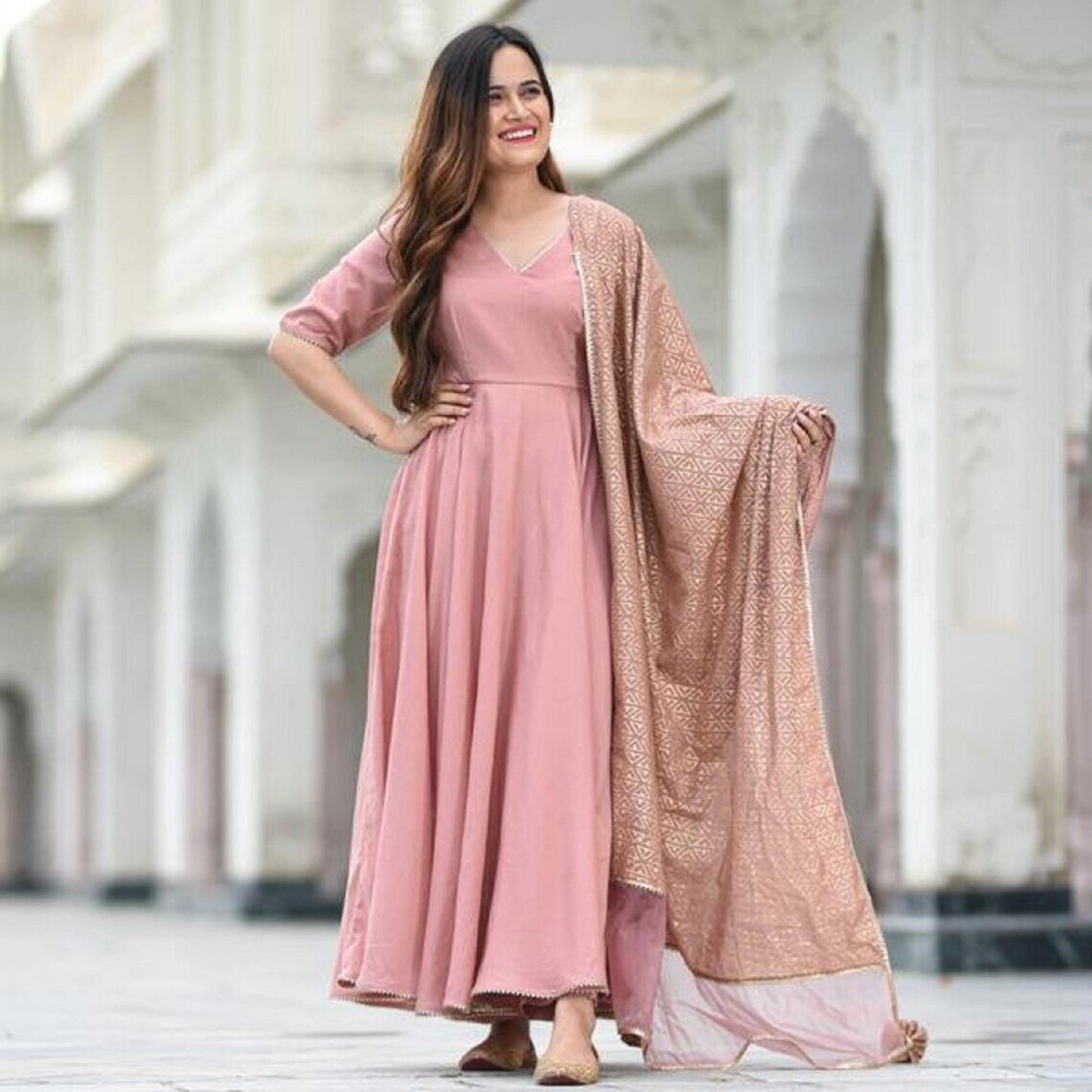 Beautiful Pink Long Faired Kurta With dupatta, Indian Floor Touch Gown 2 Piece Partywear/ Ethnic Dresses' For Women Readymade Stitched