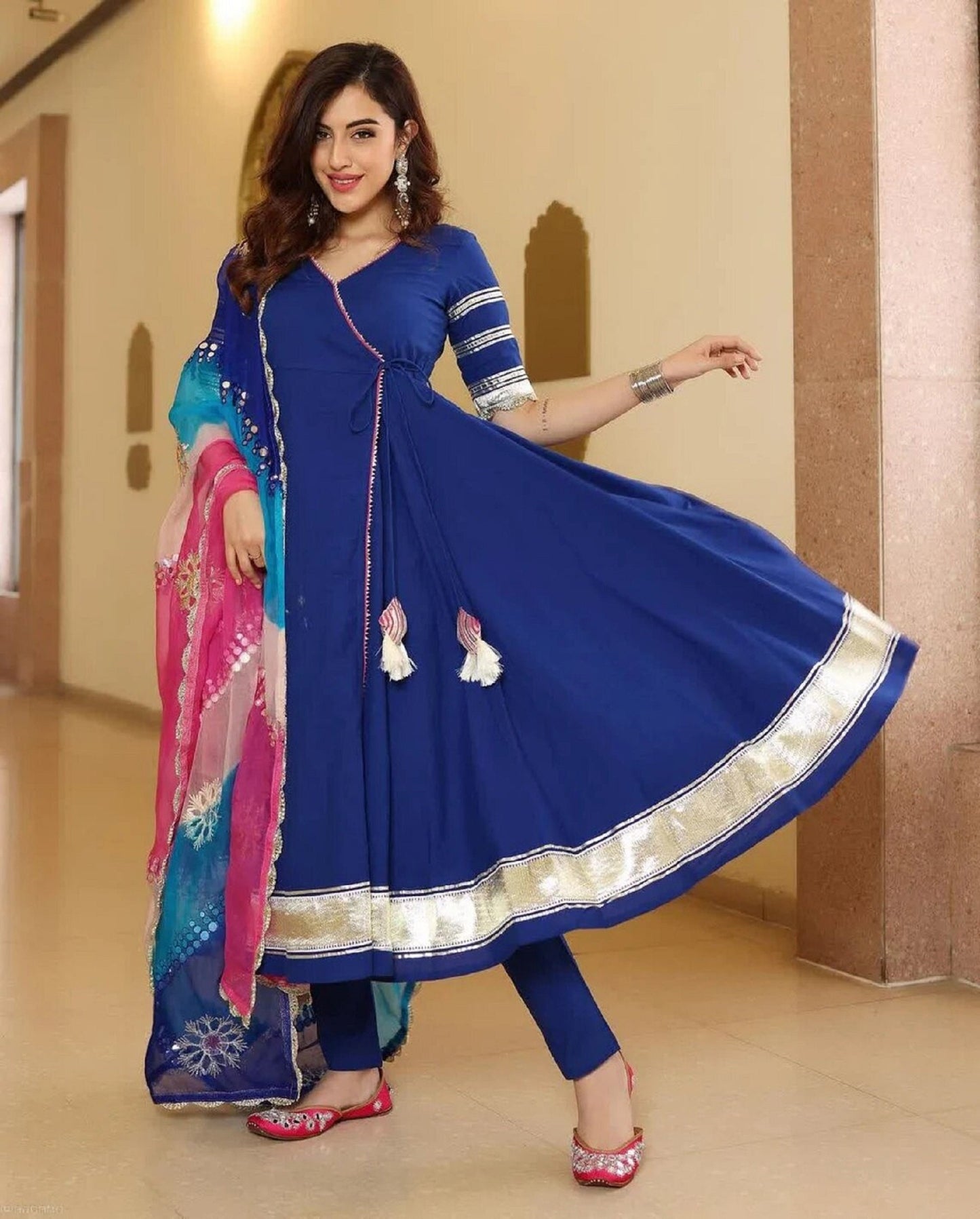 Beautiful Rayon Anarkali Kurti With Dupatta Partywear Long Flared Kurti With Pant Readymade Salwar Kameez Blue Attractive 3 Piece Stitched