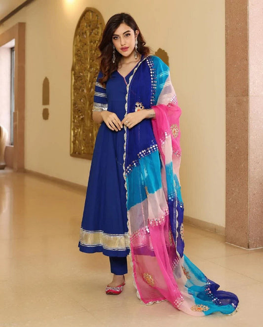 Beautiful Rayon Anarkali Kurti With Dupatta Partywear Long Flared Kurti With Pant Readymade Salwar Kameez Blue Attractive 3 Piece Stitched