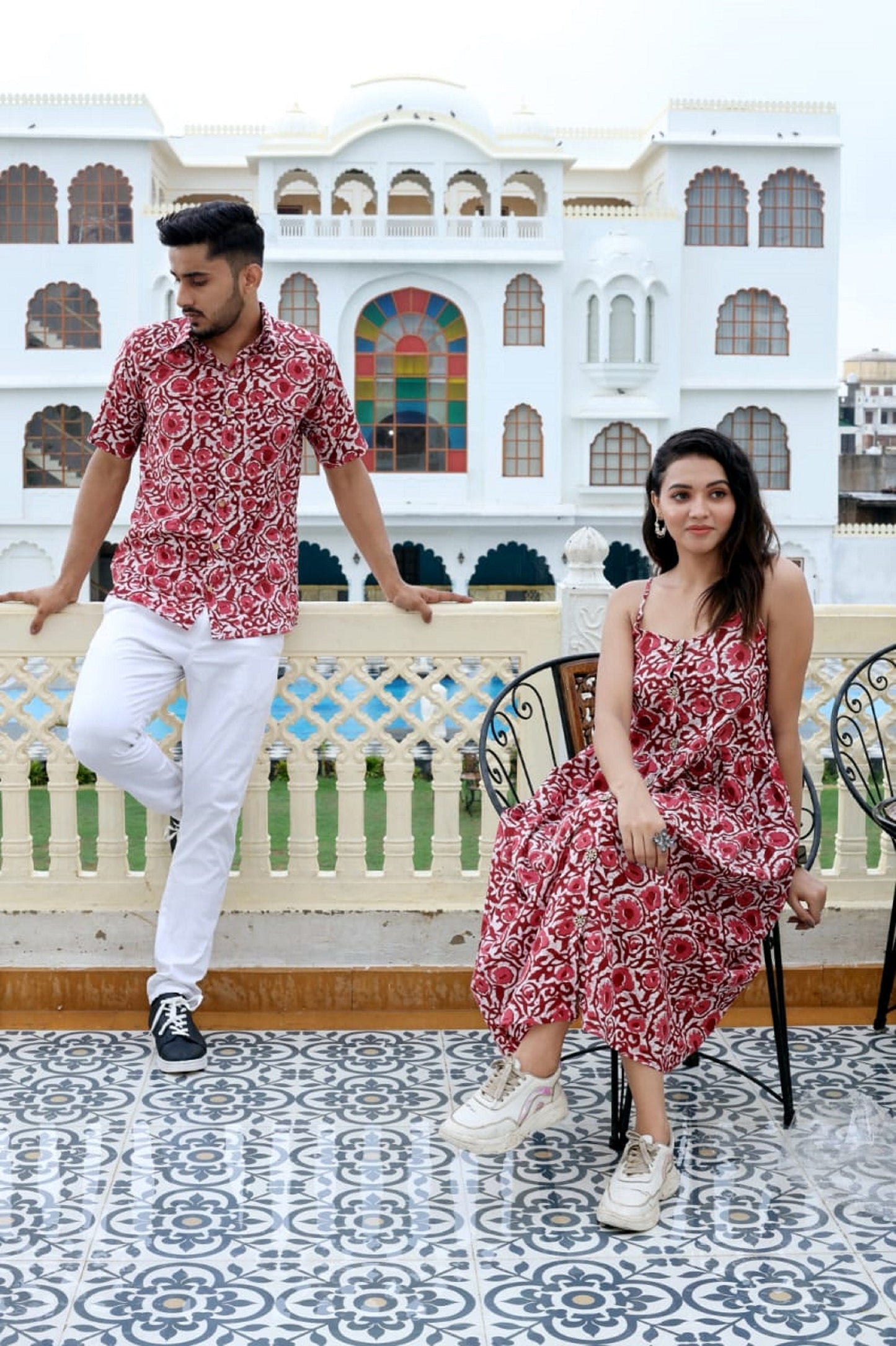 karwa chauth Super Soft Cotton Bright Hibiscus Couple Matching handblock fabric Shirt/Beach Dress - Wedding Group Bulk Quantities,