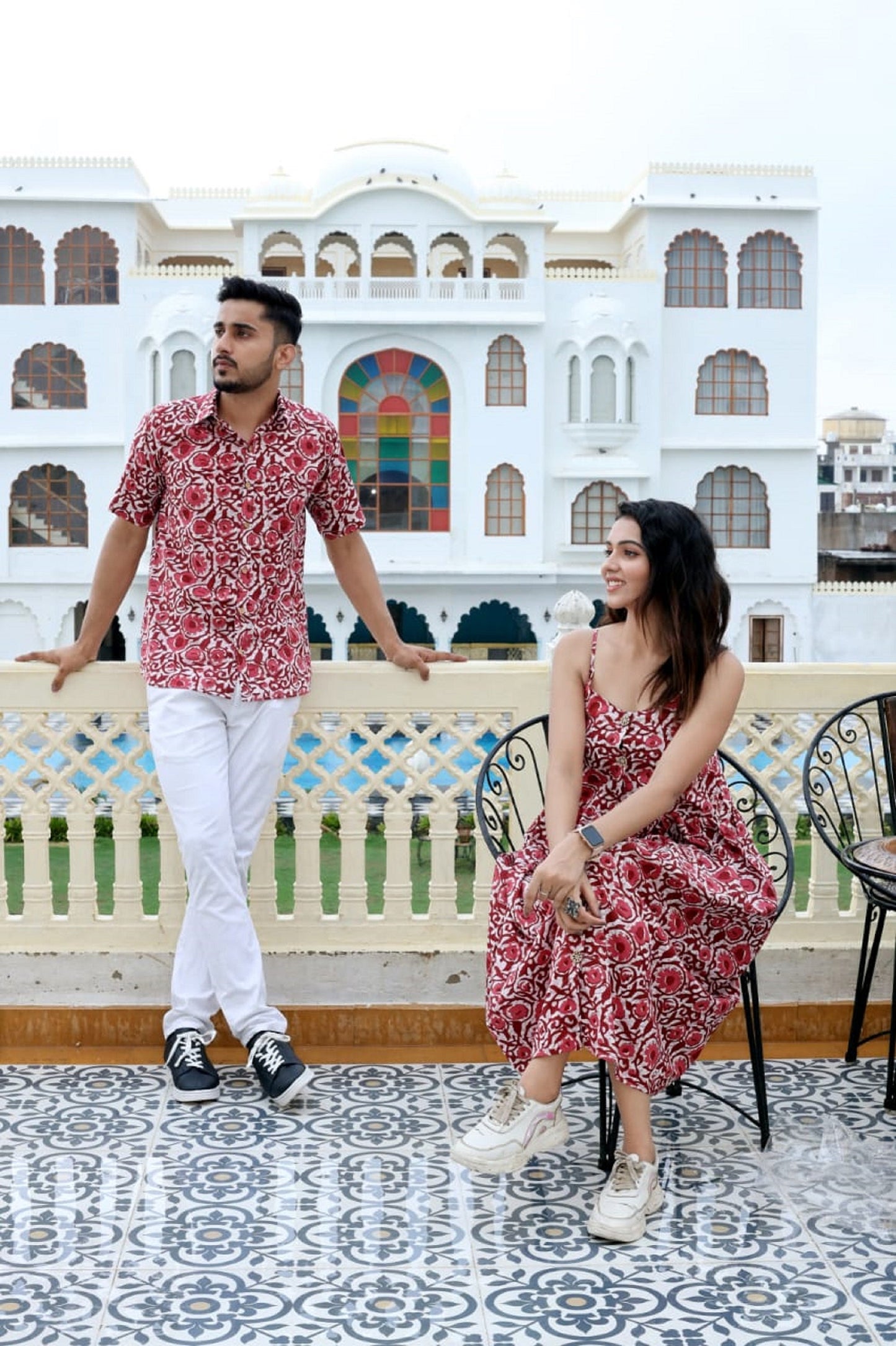 karwa chauth Super Soft Cotton Bright Hibiscus Couple Matching handblock fabric Shirt/Beach Dress - Wedding Group Bulk Quantities,