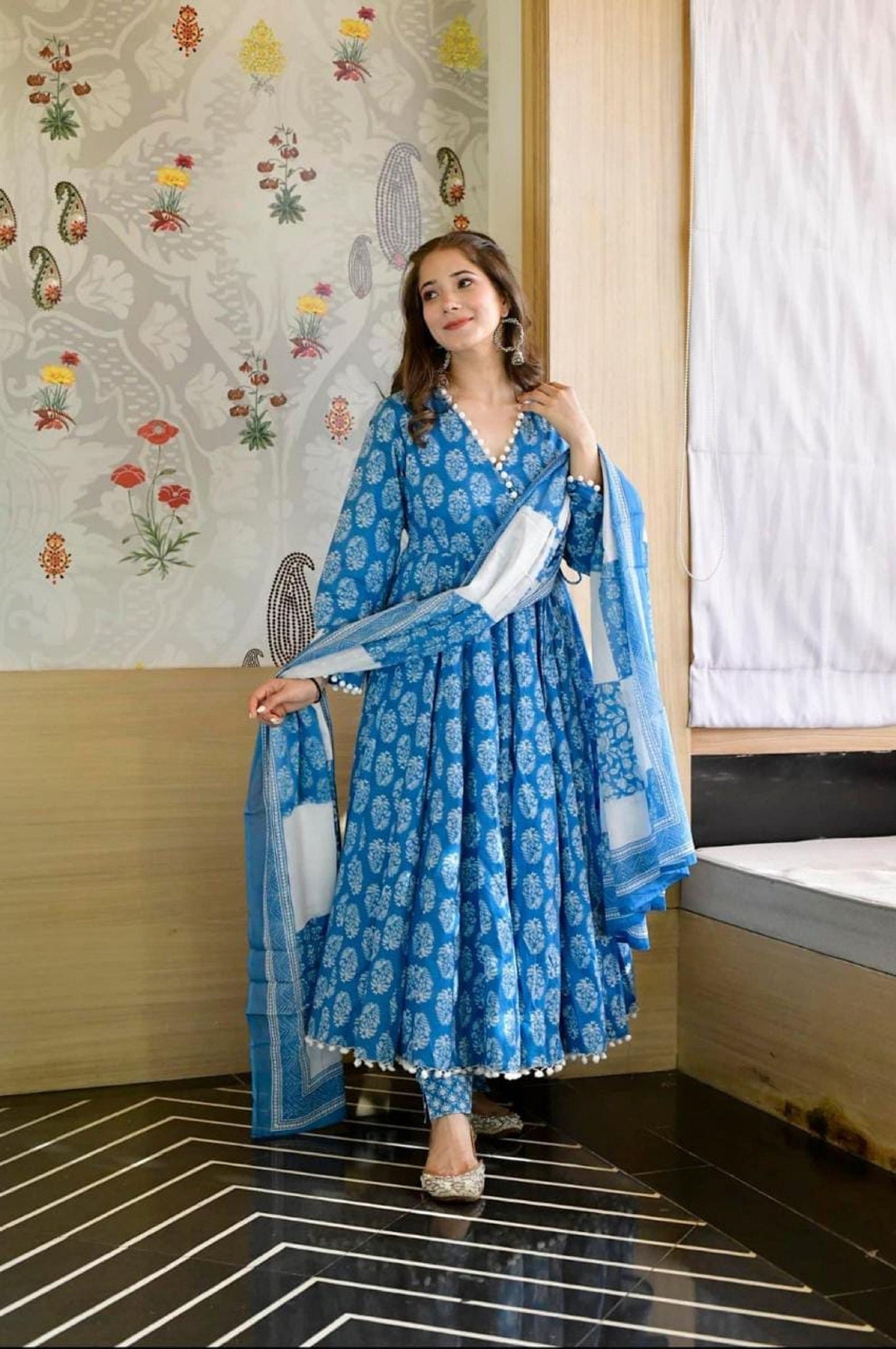 Beautiful Blue Anarkali Full Flared Palazzo Kurta Set Indian Ethnic Palazzo Kurta & Dupatta Set 3 Piece Stitched Suit Partywear Gown Dresses