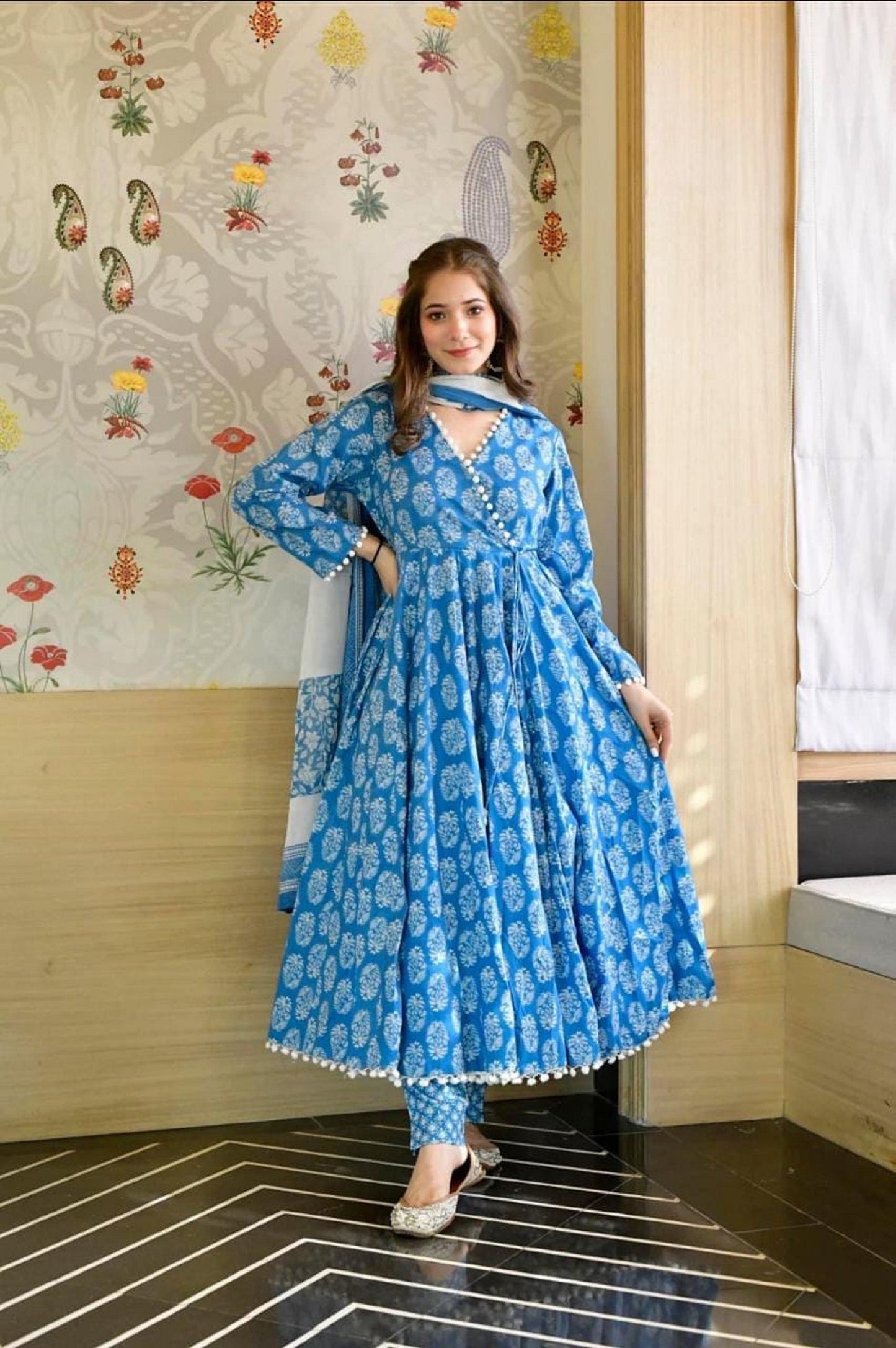 Beautiful Blue Anarkali Full Flared Palazzo Kurta Set Indian Ethnic Palazzo Kurta & Dupatta Set 3 Piece Stitched Suit Partywear Gown Dresses