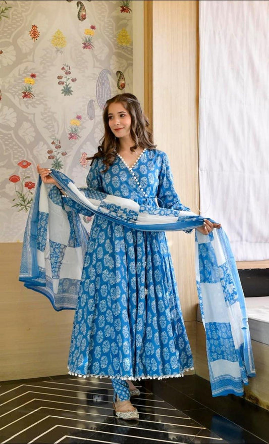 Beautiful Blue Anarkali Full Flared Palazzo Kurta Set Indian Ethnic Palazzo Kurta & Dupatta Set 3 Piece Stitched Suit Partywear Gown Dresses