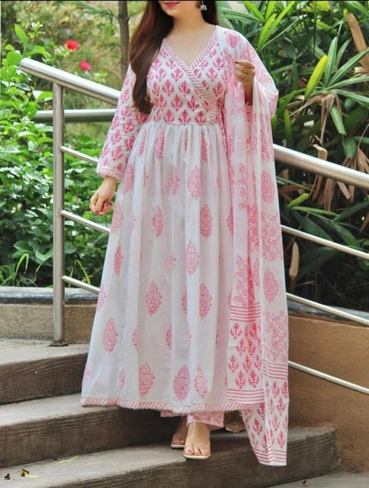 Beautiful cotton Indian gown with flowers printed gown with dupatta party Anarkali gown for girls and women ,flower print gown, dresses