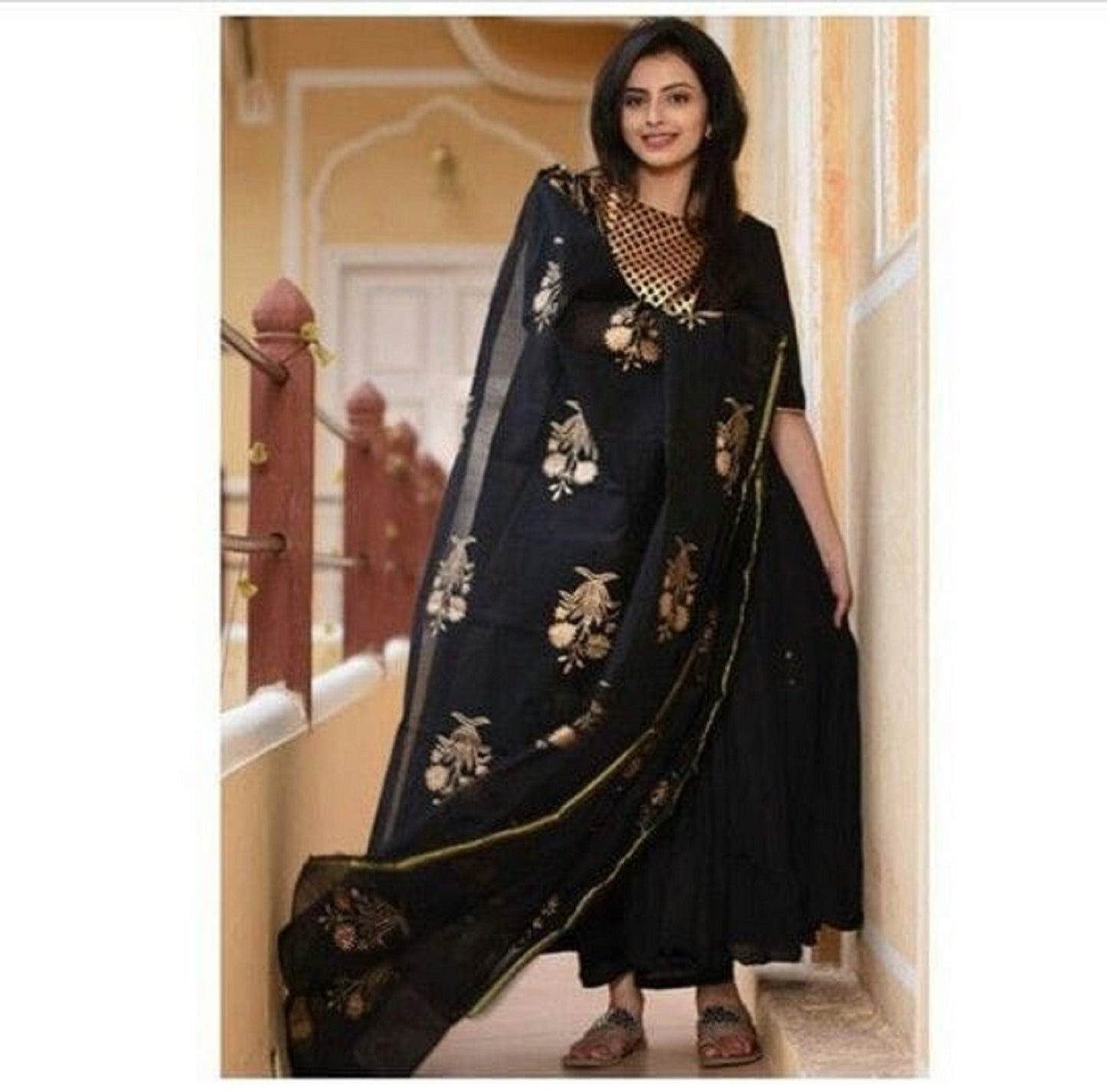 Beautiful black Long Kurta With Dupatta For Women & Girls Gold Print Salwar Kameez Readymade Stitched Heavy Rayon Gown 2 Piece Partywear