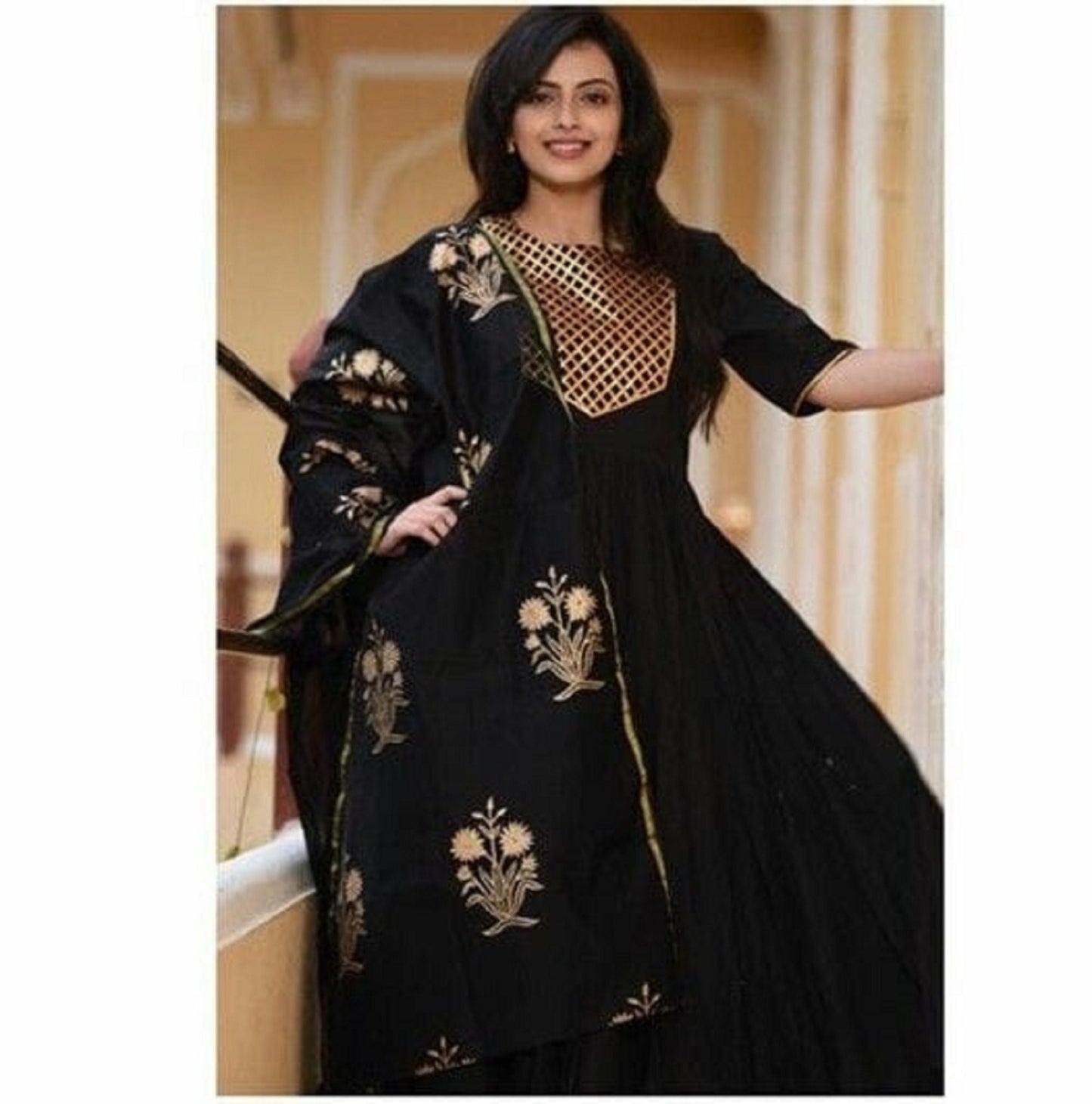 Beautiful black Long Kurta With Dupatta For Women & Girls Gold Print Salwar Kameez Readymade Stitched Heavy Rayon Gown 2 Piece Partywear