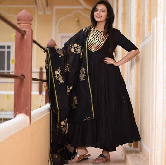 Beautiful black Long Kurta With Dupatta For Women & Girls Gold Print Salwar Kameez Readymade Stitched Heavy Rayon Gown 2 Piece Partywear