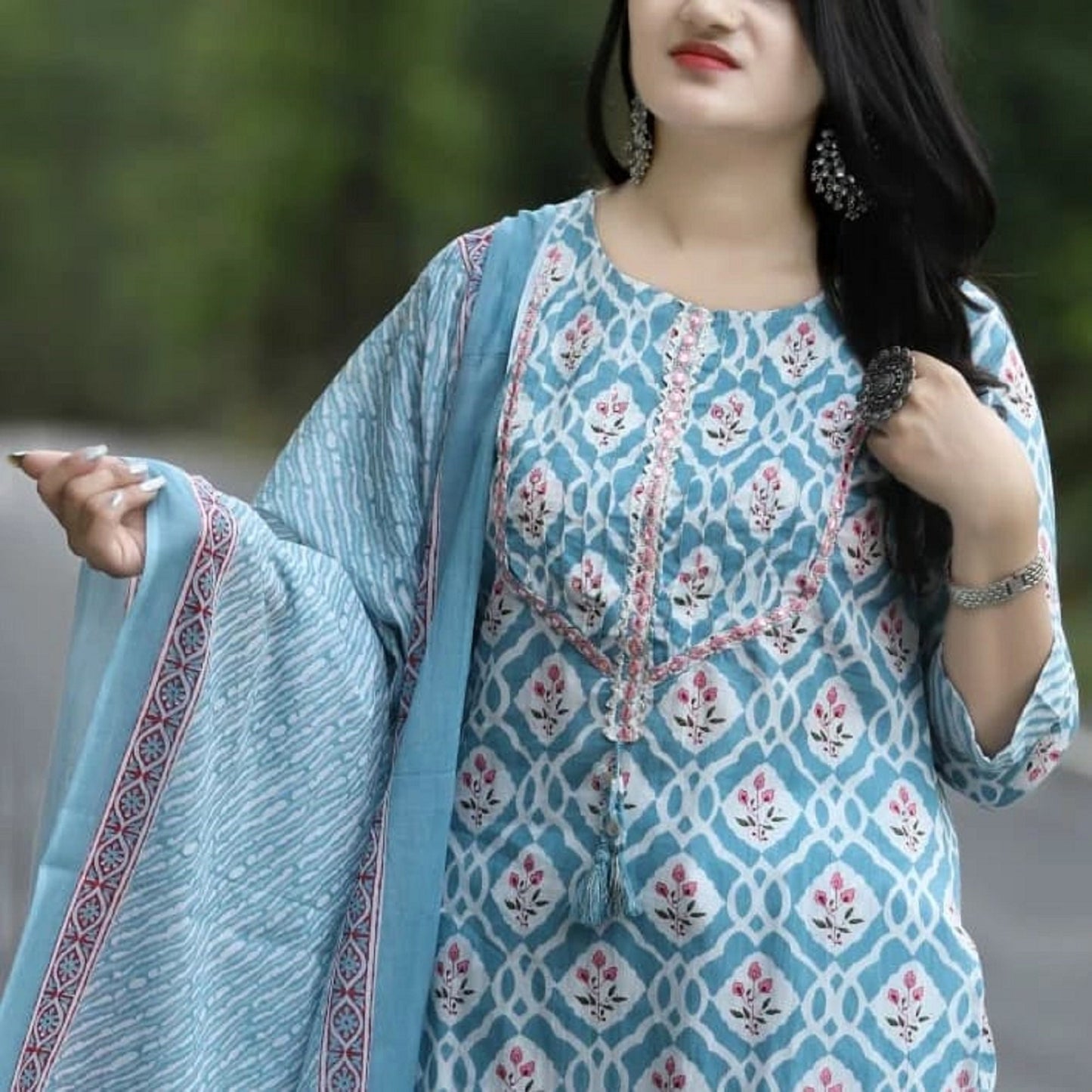 Wedding Festival Party Wear Special Indian Handmade Printed Cotton Kurti, Pant With Dupatta Set. Complete Stitched Readymade Women Dress.