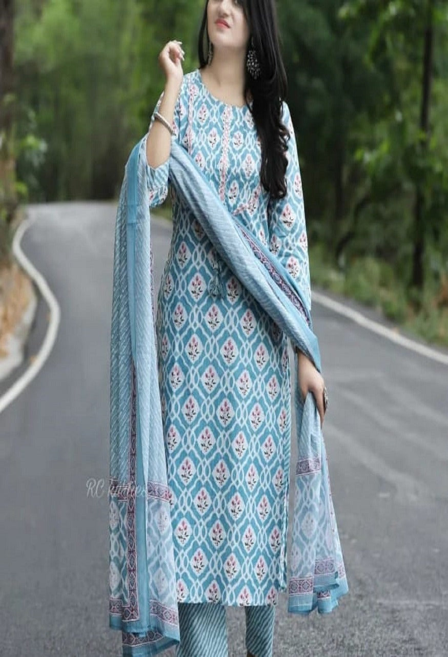 Wedding Festival Party Wear Special Indian Handmade Printed Cotton Kurti, Pant With Dupatta Set. Complete Stitched Readymade Women Dress.