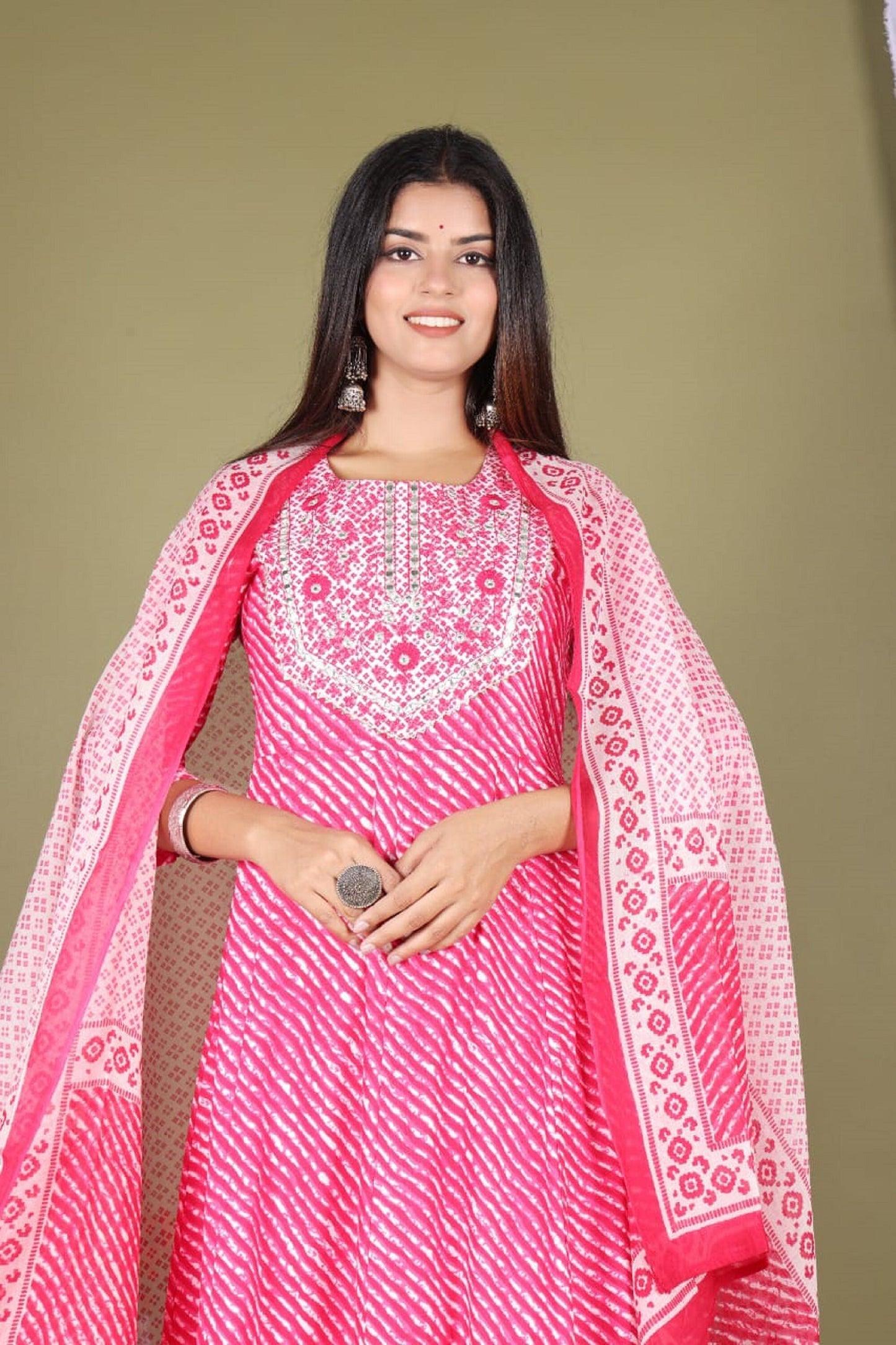 Fully Readymade Indian Handmade Rayon Printed Wedding Party Wear Traditional Designers Women pink Anarkali Kurti, Palazzo With Dupatta Set.