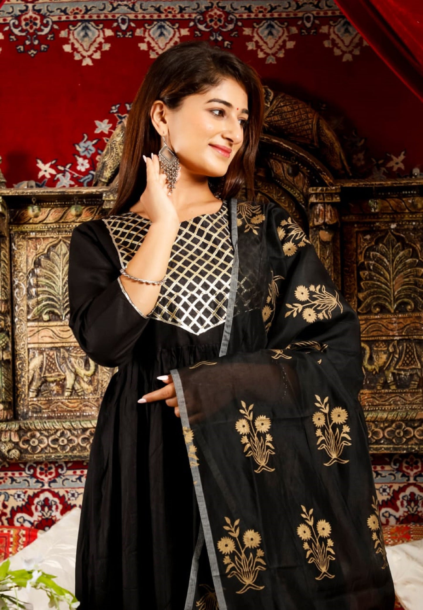 Beautiful black Long Kurta With Dupatta For Women & Girls Gold Print Salwar Kameez Readymade Stitched Heavy Rayon Gown 2 Piece Partywear