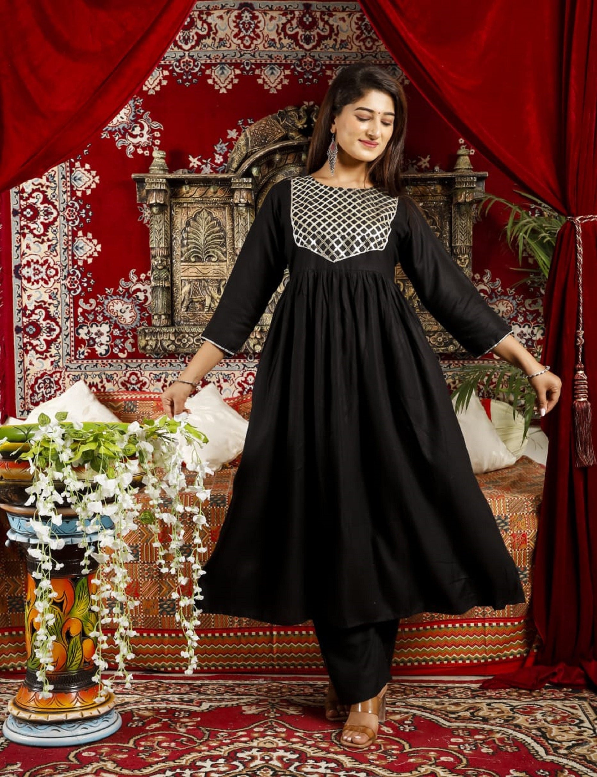 Black Chettinad Cotton Full Gown With Brown Dupatta - Mayool