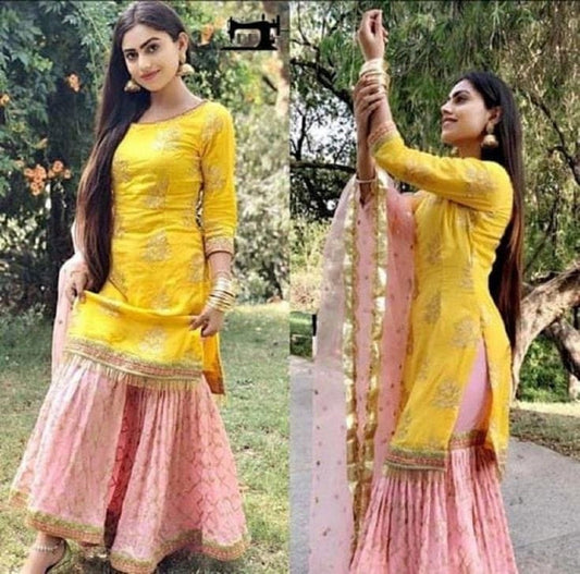 beautiful straight yellow color embroidery stiched salwar kameez,ethnic pink heavy cotton printed palazzo kurta readymade dress 3piece suit