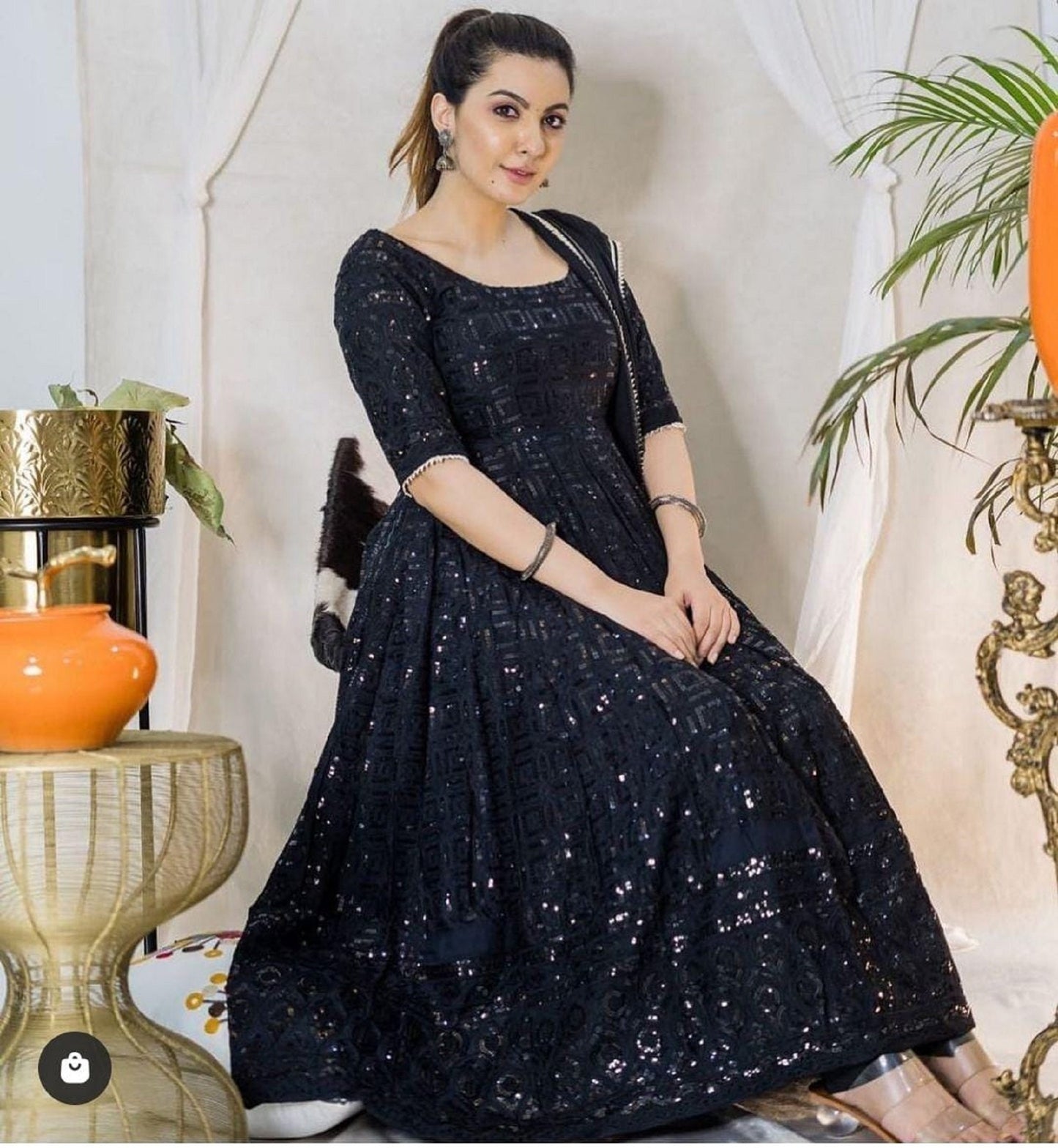 Premium black Chikankari Anarkali Suit with and Dupatta, Full Flared Embroidered Cotton Elegant Salwar Suit set Reaymade upto 2xl