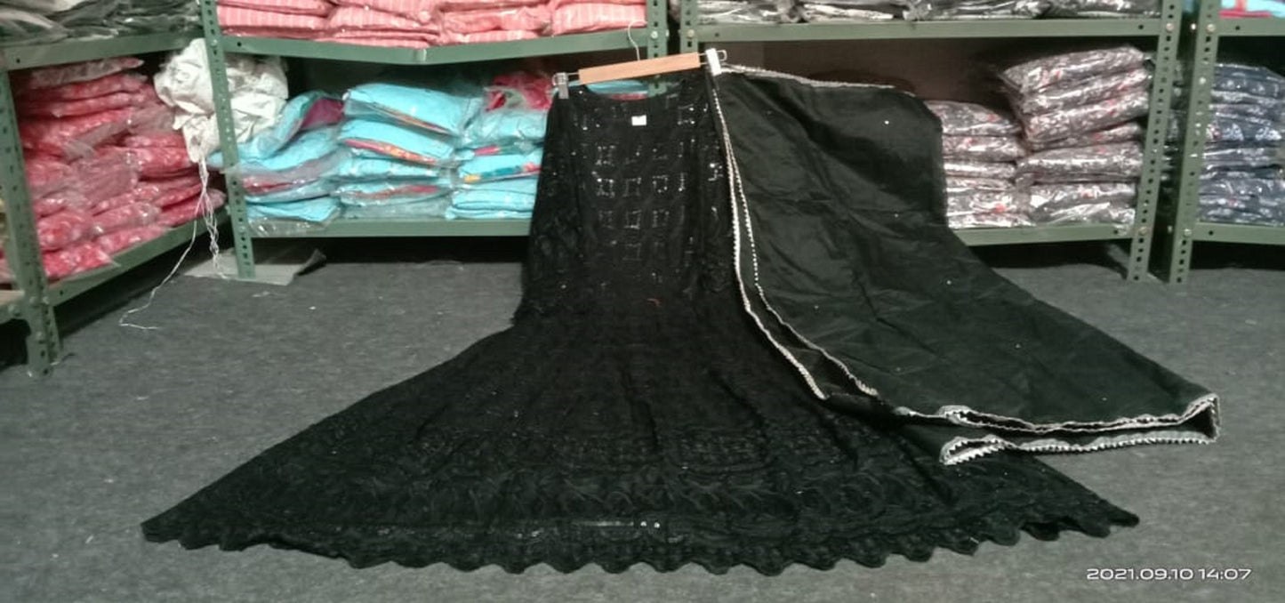 Premium black Chikankari Anarkali Suit with and Dupatta, Full Flared Embroidered Cotton Elegant Salwar Suit set Reaymade upto 2xl